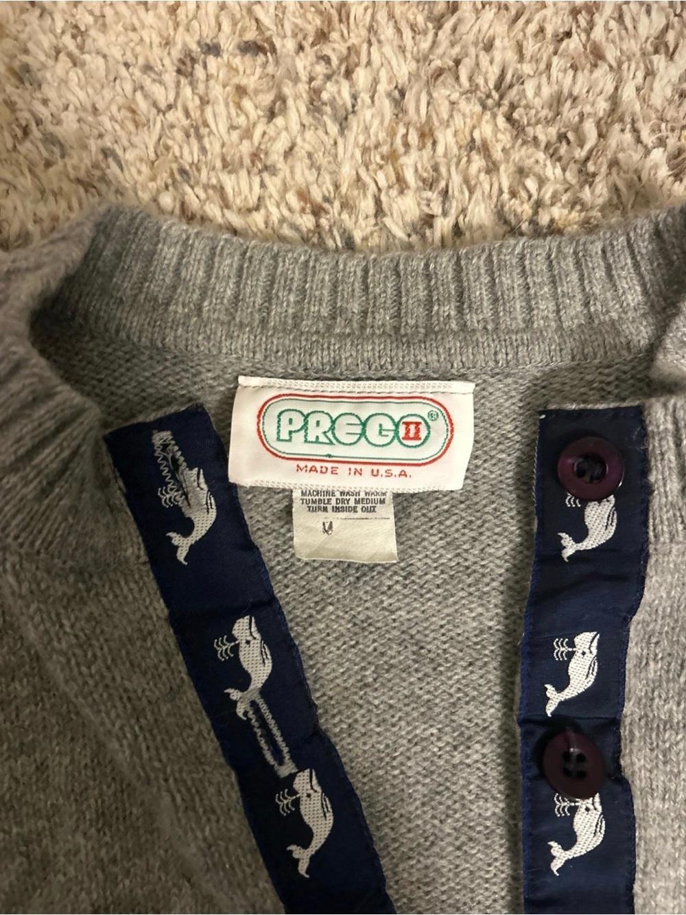 PRECO Gray Cardigan with Navy Trim and Button Placket - Picture 2 of 3